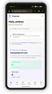 Pantalla inicial de Nogal.app amb centre de comandament i campanya en curs
