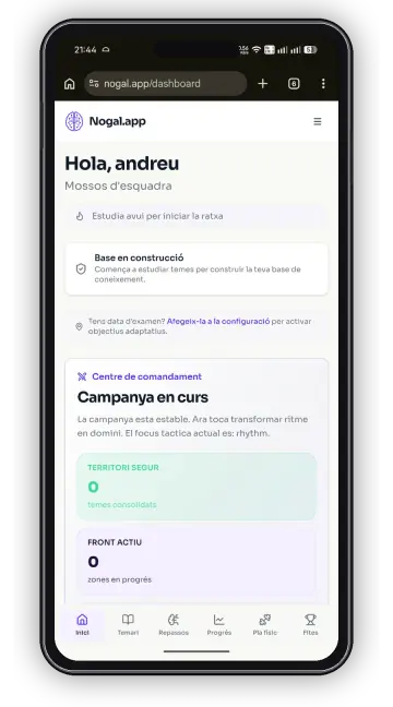 Pantalla inicial de Nogal.app amb centre de comandament i campanya en curs