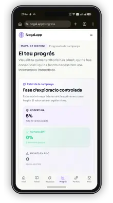 Pantalla de progrés de Nogal.app amb mapa de domini i cobertura