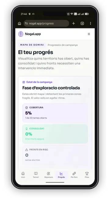 Pantalla de progrés de Nogal.app amb mapa de domini i cobertura