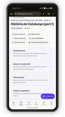 Pantalla de temari de Nogal.app amb accions d'IA i seccions d'estudi