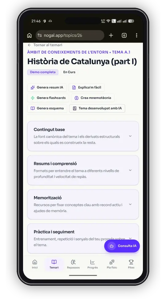 Pantalla de temari de Nogal.app amb accions d'IA i seccions d'estudi
