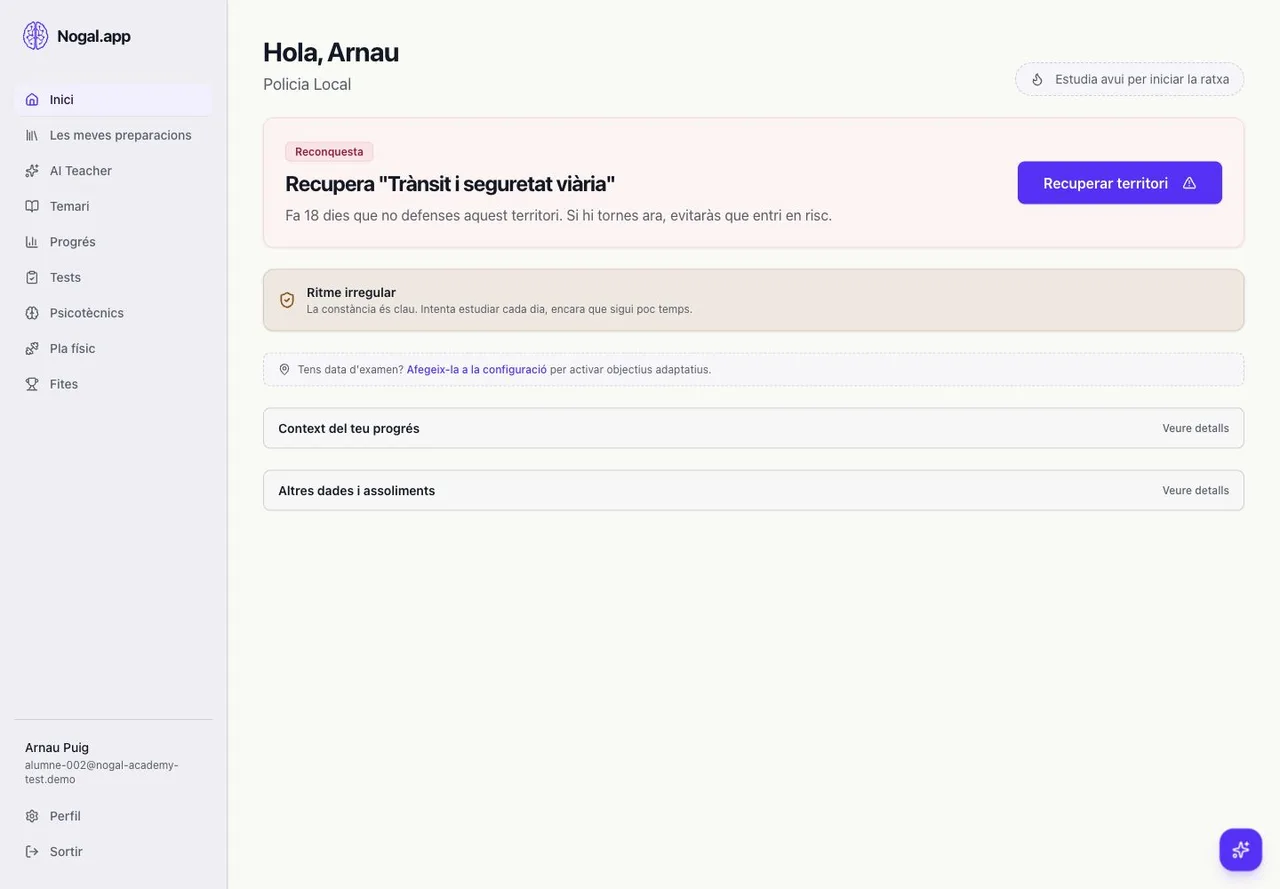 Tauler d’un alumne de demostració a Nogal, amb tema pendent de repàs, pla d’estudi i accés al temari